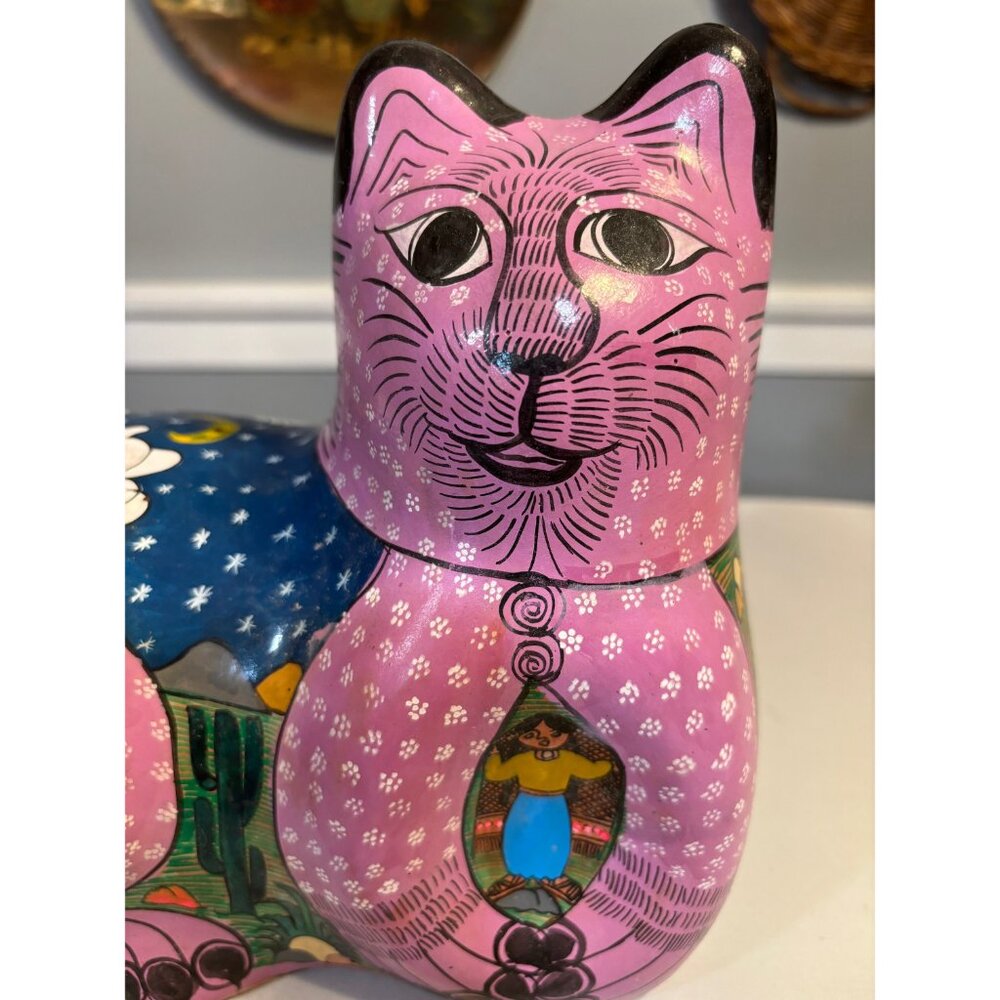 Hand Painted & Handmade Cat Purple Village Scene Pottery Tonala Mexico Folk Art - Picture 2 of 10